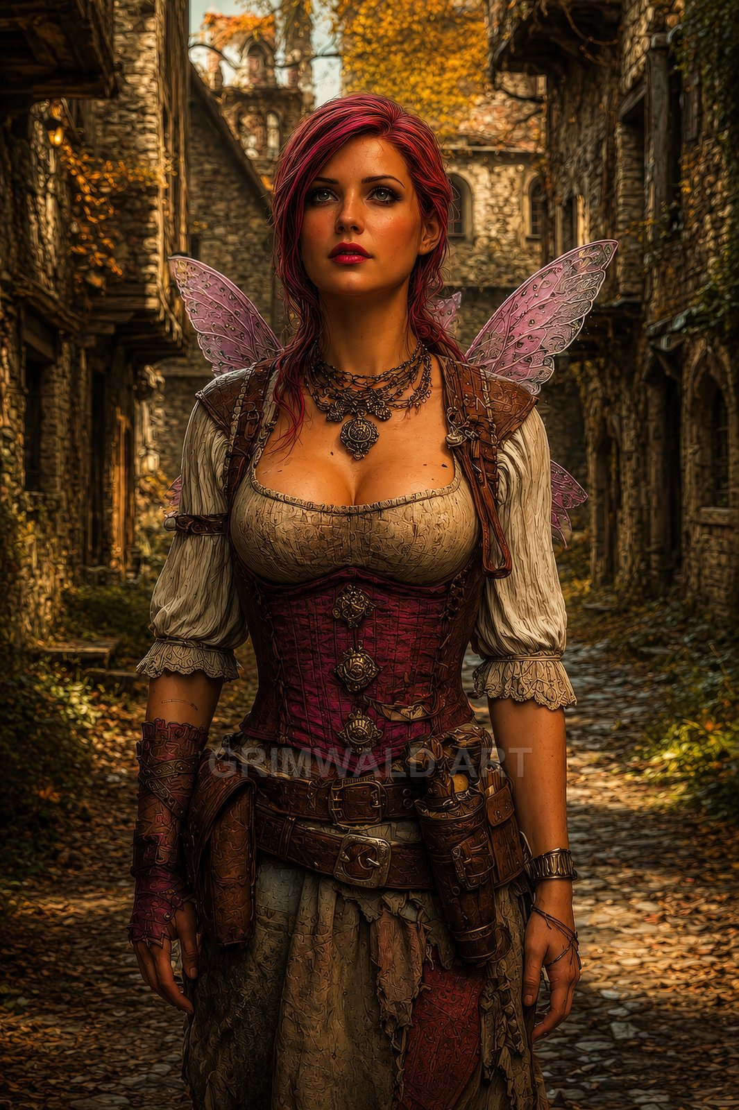 A pink-winged fairy with red hair and layered leather armour stands in a medieval stone village lane under warm autumn light.