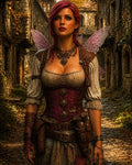 GRID THUMBNAIL — A pink-winged fairy with red hair and layered leather armour stands in a medieval stone village lane under warm autumn light.