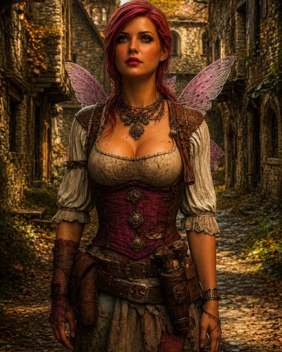 GRID THUMBNAIL — A pink-winged fairy with red hair and layered leather armour stands in a medieval stone village lane under warm autumn light.