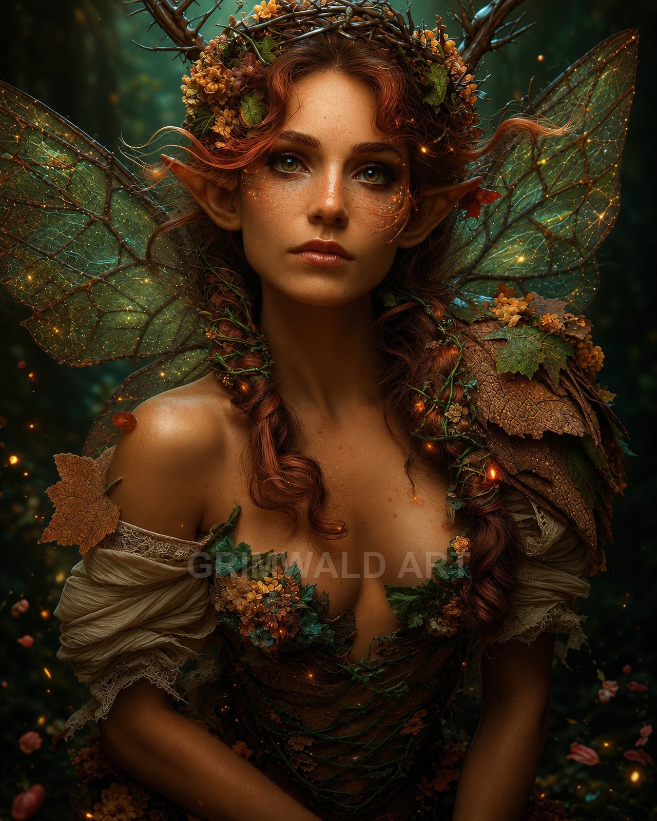 Portrait of a red-haired forest fae with pointed ears, gossamer wings, and leaf-and-flower attire glowing softly amid twilight woodland fireflies.