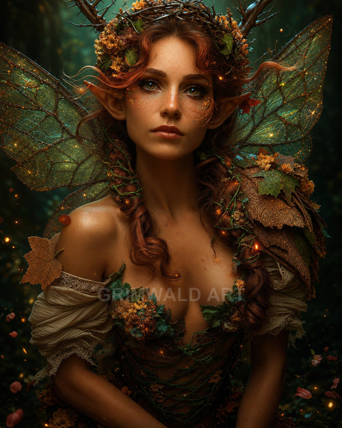 Portrait of a red-haired forest fae with pointed ears, gossamer wings, and leaf-and-flower attire glowing softly amid twilight woodland fireflies.