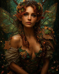 GRID THUMBNAIL — Portrait of a red-haired forest fae with pointed ears, gossamer wings, and leaf-and-flower attire glowing softly amid twilight woodland fireflies.