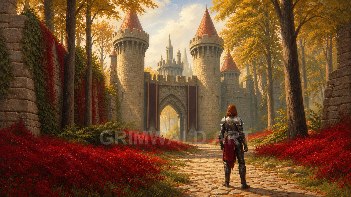 A golden autumn forest frames a grand stone castle gate with red banners, as a lone armoured figure stands on a cobblestone path.