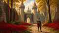 GRID THUMBNAIL — A golden autumn forest frames a grand stone castle gate with red banners, as a lone armoured figure stands on a cobblestone path.