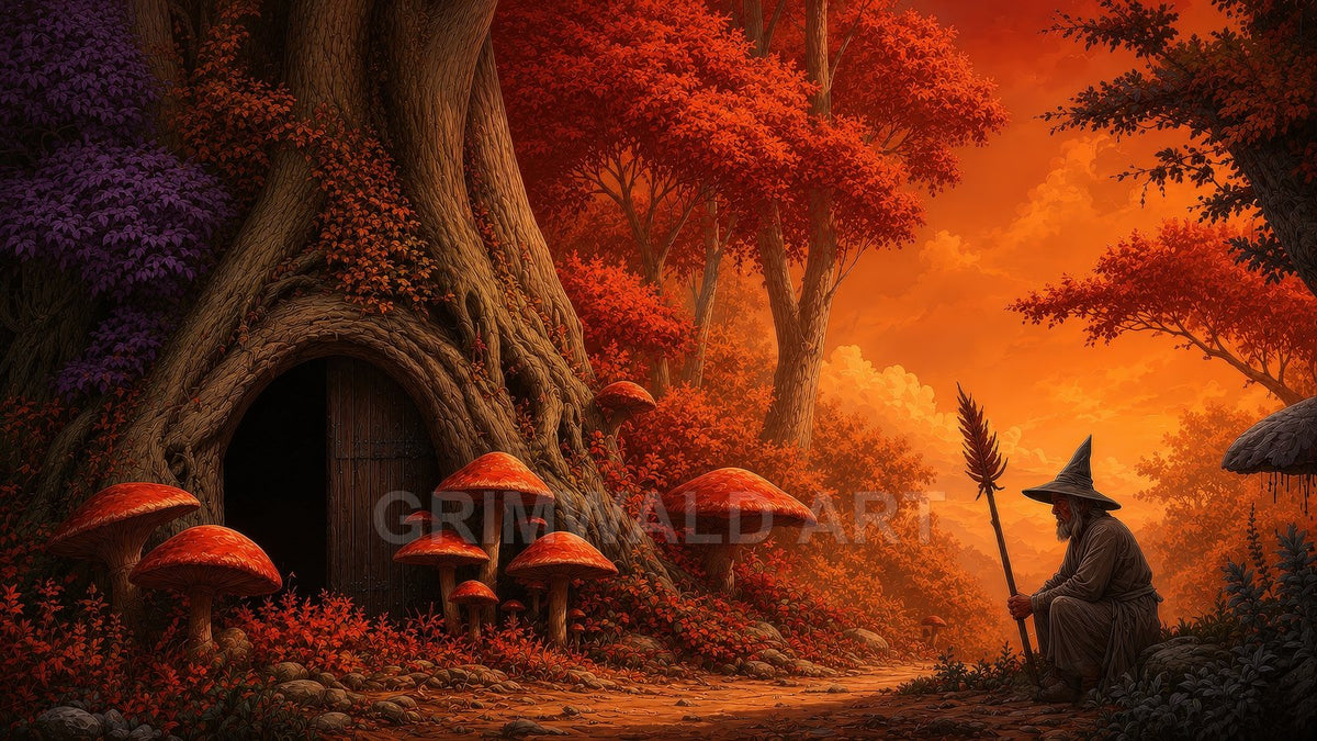 A warm autumn fantasy forest with giant red mushrooms, a gnarled tree bearing a wooden door, and a robed wizard resting under an orange sky.