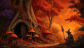 GRID THUMBNAIL — A warm autumn fantasy forest with giant red mushrooms, a gnarled tree bearing a wooden door, and a robed wizard resting under an orange sky.