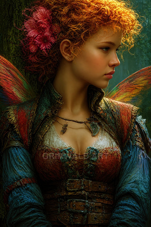 Portrait of a red-curled fairy with multicolour wings, floral hairpiece and laced leather bodice, standing in a dappled forest under warm golden light.