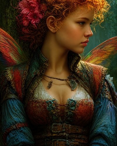 GRID THUMBNAIL — Portrait of a red-curled fairy with multicolour wings, floral hairpiece and laced leather bodice, standing in a dappled forest under warm golden light.