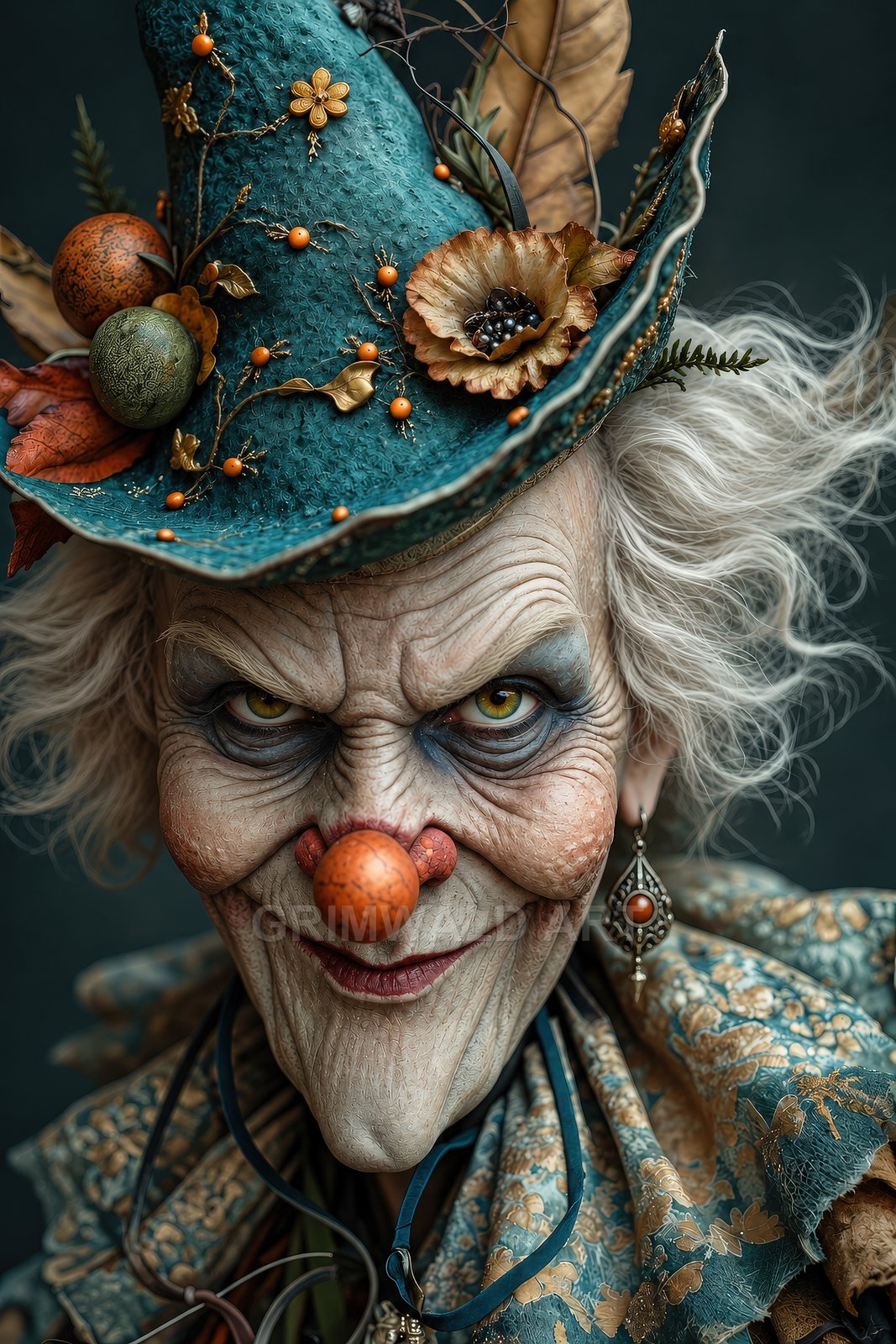 Close-up portrait of an elderly witch with a clownish orange nose, piercing yellow eyes, and a teal ornate hat adorned with leaves, berries, flowers.