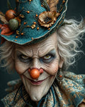 GRID THUMBNAIL — Close-up portrait of an elderly witch with a clownish orange nose, piercing yellow eyes, and a teal ornate hat adorned with leaves, berries, flowers.