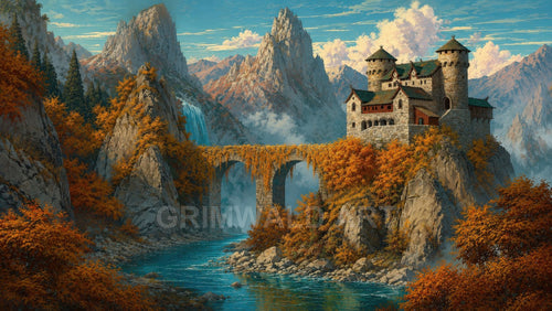 A turreted stone castle crowns a rocky peak beside an ivy-clad arched bridge, teal river and waterfall amid autumn mountains under clear daylight.