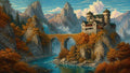 GRID THUMBNAIL — A turreted stone castle crowns a rocky peak beside an ivy-clad arched bridge, teal river and waterfall amid autumn mountains under clear daylight.