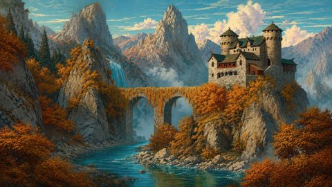 GRID THUMBNAIL — A turreted stone castle crowns a rocky peak beside an ivy-clad arched bridge, teal river and waterfall amid autumn mountains under clear daylight.