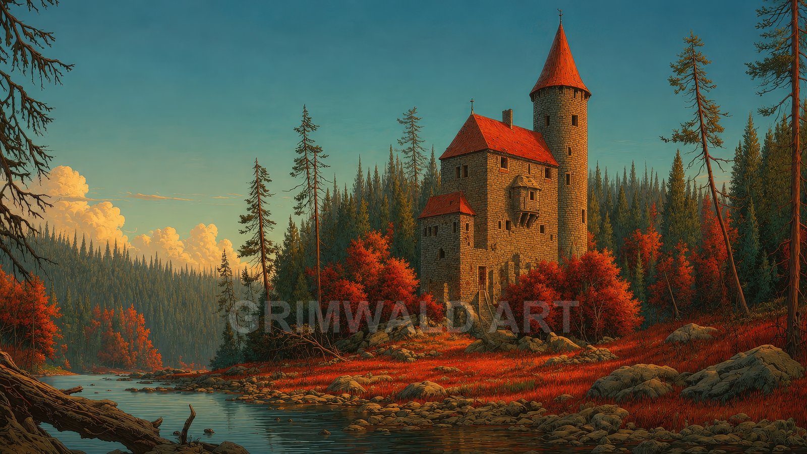 Stone castle with red roofs beside a calm forest river, autumn foliage glowing under warm evening light and towering pine-covered hills.