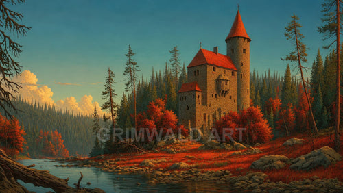 Stone castle with red roofs beside a calm forest river, autumn foliage glowing under warm evening light and towering pine-covered hills.