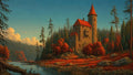 GRID THUMBNAIL — Stone castle with red roofs beside a calm forest river, autumn foliage glowing under warm evening light and towering pine-covered hills.