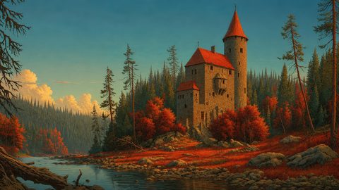 GRID THUMBNAIL — Stone castle with red roofs beside a calm forest river, autumn foliage glowing under warm evening light and towering pine-covered hills.