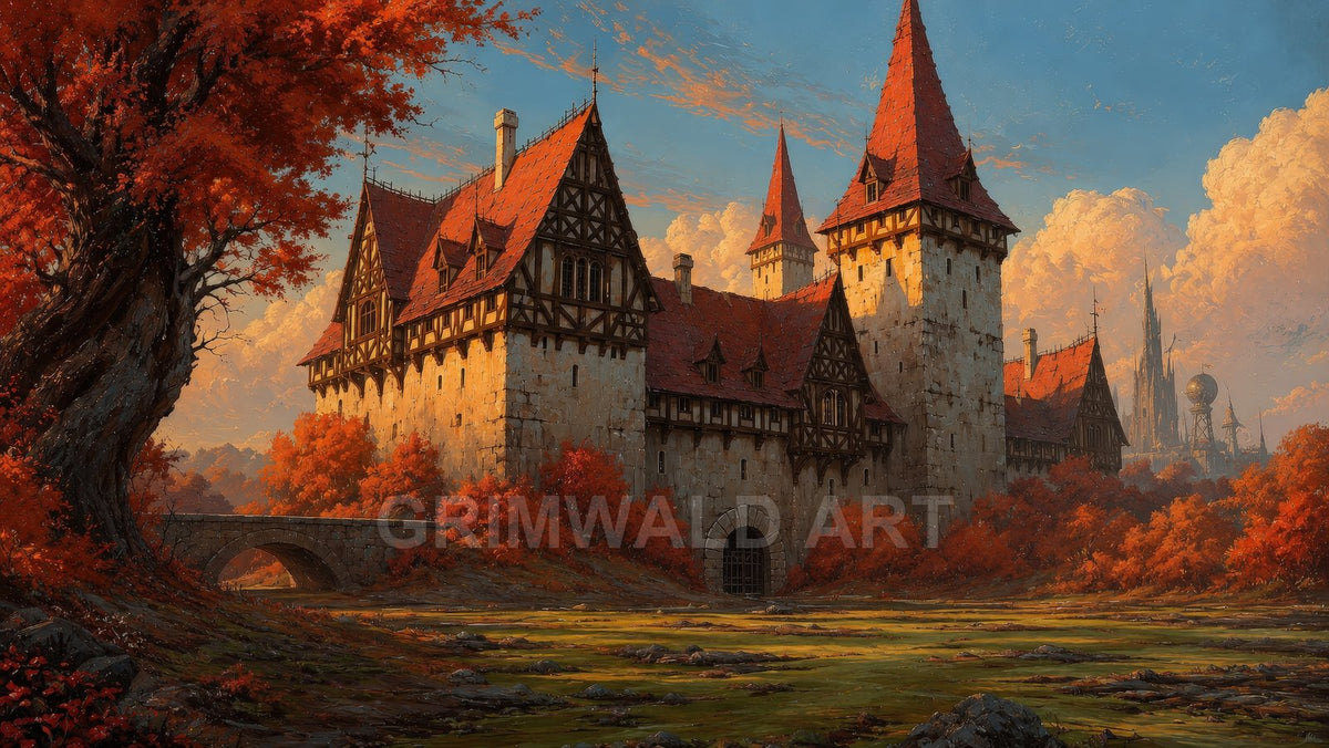 Medieval castle with red roofs and timber gables beside a stone bridge, surrounded by orange autumn trees under a golden sky with distant spires.