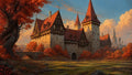 GRID THUMBNAIL — Medieval castle with red roofs and timber gables beside a stone bridge, surrounded by orange autumn trees under a golden sky with distant spires.