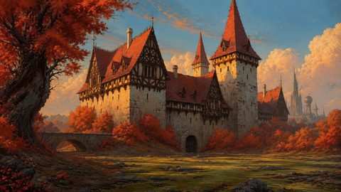 GRID THUMBNAIL — Medieval castle with red roofs and timber gables beside a stone bridge, surrounded by orange autumn trees under a golden sky with distant spires.