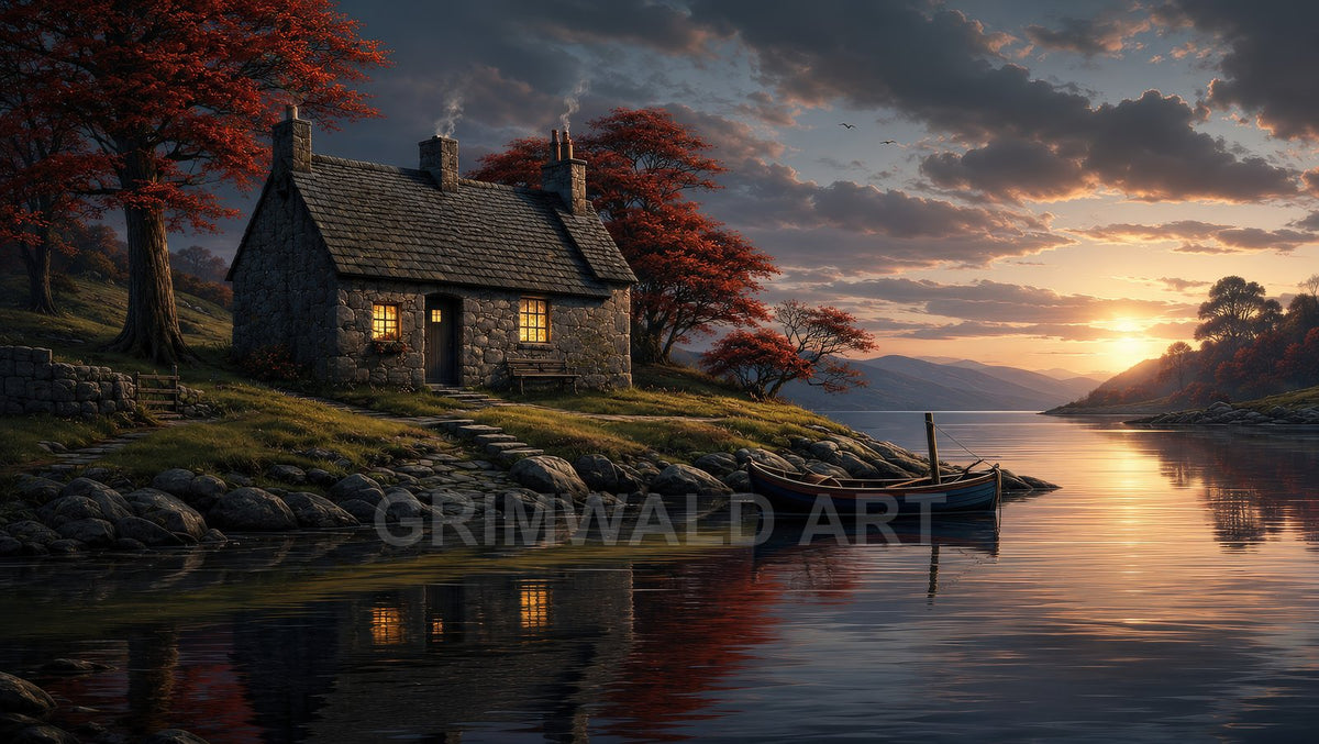 A cosy stone cottage beside a tranquil lake at sunset, warm lamplight glowing, red autumn trees and a moored wooden rowboat with mountains beyond.