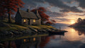 GRID THUMBNAIL — A cosy stone cottage beside a tranquil lake at sunset, warm lamplight glowing, red autumn trees and a moored wooden rowboat with mountains beyond.
