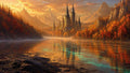 GRID THUMBNAIL — A towering spired castle rises beyond an autumn forest beside a calm lake, mountains behind, golden sunset clouds and misty reflections tinged with turquoise.