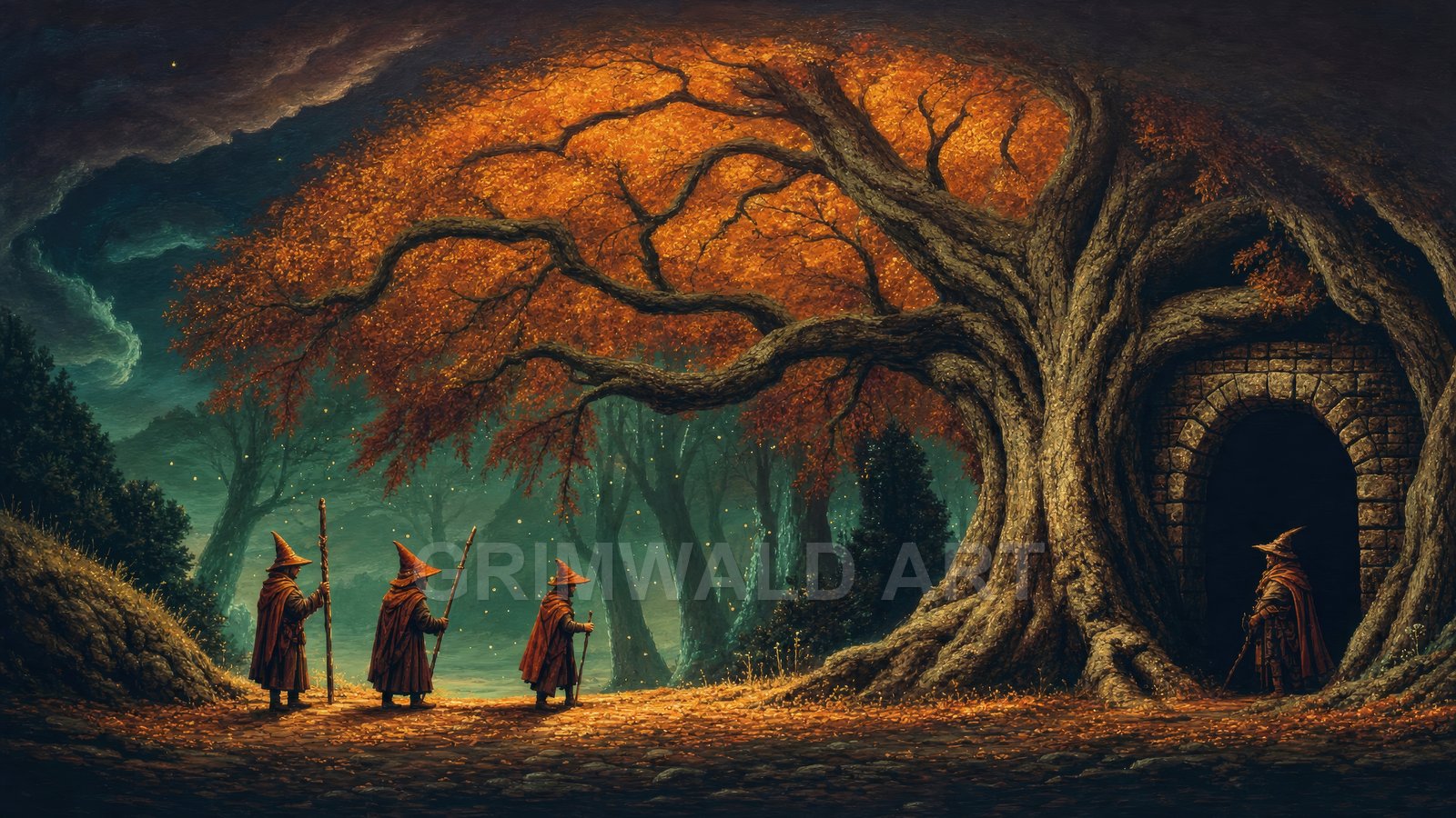 An immense autumn oak towers above a stone archway while four robed wanderers pause on a leaf-strewn path amid fireflies in a twilight forest.