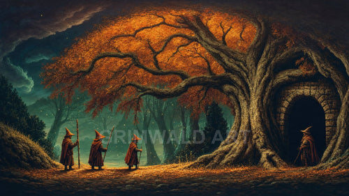 An immense autumn oak towers above a stone archway while four robed wanderers pause on a leaf-strewn path amid fireflies in a twilight forest.