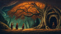 GRID THUMBNAIL — An immense autumn oak towers above a stone archway while four robed wanderers pause on a leaf-strewn path amid fireflies in a twilight forest.
