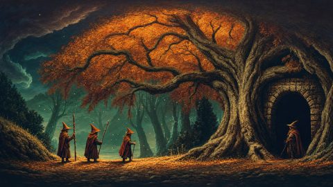 GRID THUMBNAIL — An immense autumn oak towers above a stone archway while four robed wanderers pause on a leaf-strewn path amid fireflies in a twilight forest.