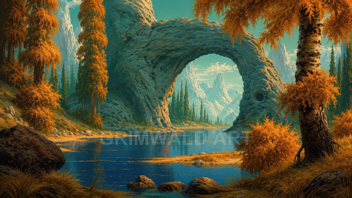 A tranquil blue river winds beneath a colossal natural stone arch, flanked by autumnal trees and distant jagged mountains under soft daylight.