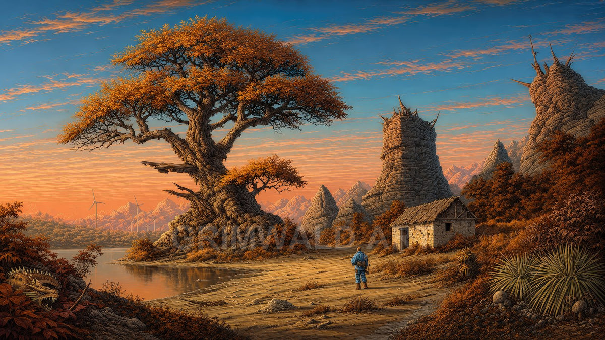 Retro fantasy landscape featuring a colossal autumn tree beside a calm lake, a small stone hut, rocky spires and distant mountains at sunset.