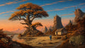 GRID THUMBNAIL — Retro fantasy landscape featuring a colossal autumn tree beside a calm lake, a small stone hut, rocky spires and distant mountains at sunset.