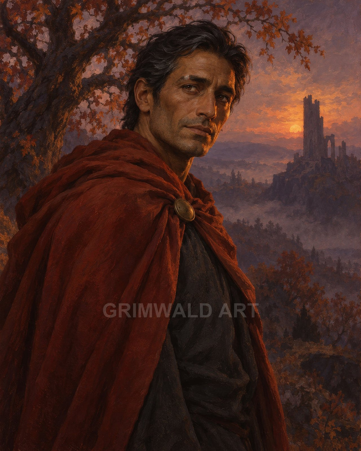 A solemn man in a red cloak stands beneath autumn leaves, gazing toward a distant ruined castle at sunset, painted in warm, textured strokes.