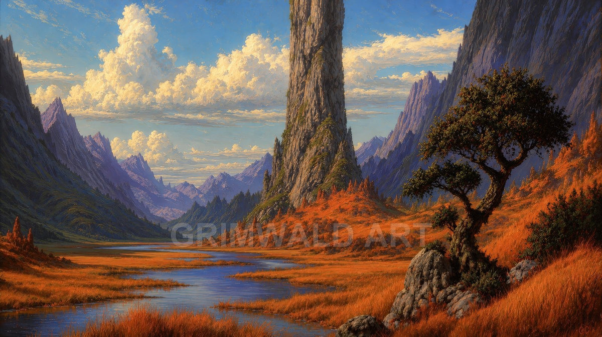 Panoramic fantasy valley with jagged mountains, a towering stone spire, winding reflective river, orange grasses, and a gnarled tree beneath bright clouds.