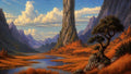 GRID THUMBNAIL — Panoramic fantasy valley with jagged mountains, a towering stone spire, winding reflective river, orange grasses, and a gnarled tree beneath bright clouds.