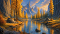 GRID THUMBNAIL — Golden-leaved trees line a calm river reflecting jagged mountain spires under a warm golden-hour sky, with rocks and grasses shaping a tranquil fantasy valley.