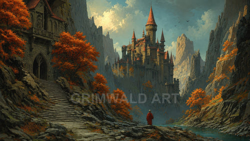 Autumn Spires of the Mountain Keep – Retro Fantasy Landscape Art
