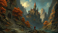 GRID THUMBNAIL — Grand red-roofed castle rises between steep mountains above a teal river, framed by orange autumn trees and stone steps under golden-hour light.