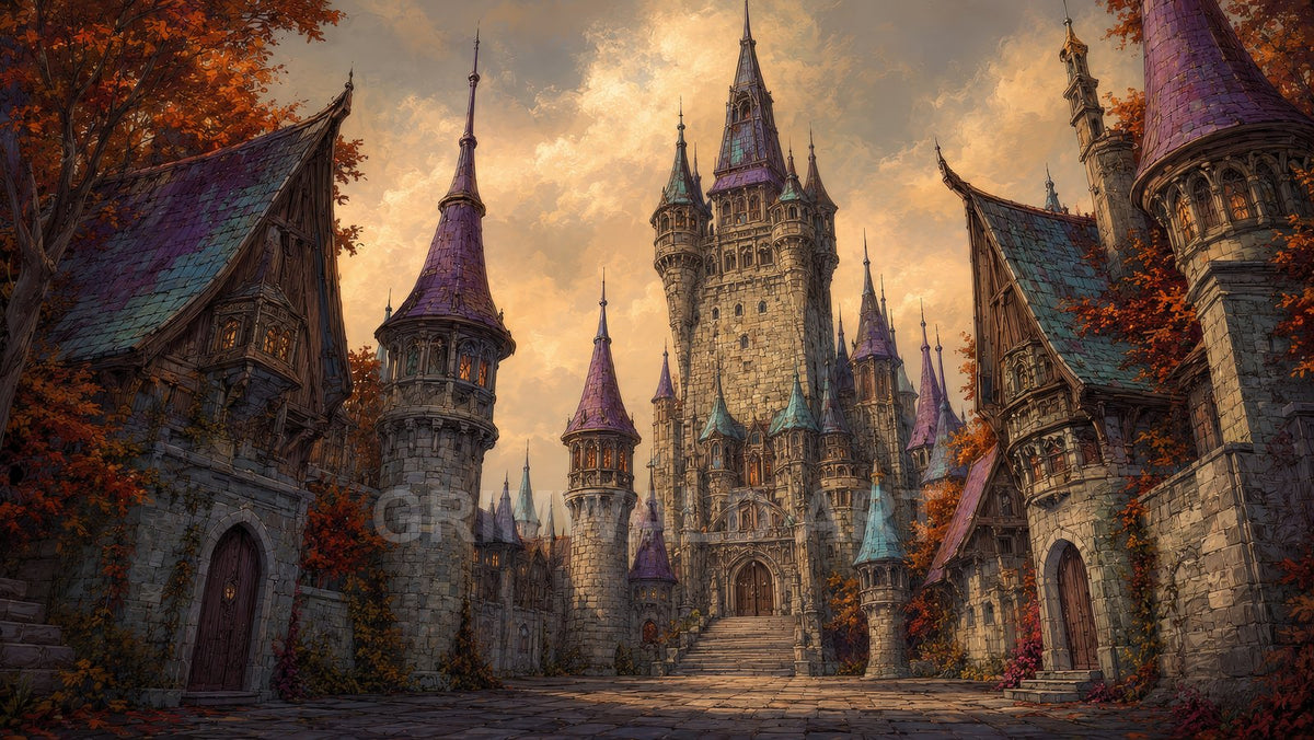 Grand stone castle with many spires and coloured slate roofs rises beyond a cobbled street, framed by autumn trees under warm golden-hour clouds.