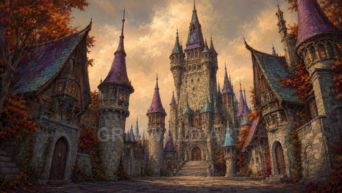 Grand stone castle with many spires and coloured slate roofs rises beyond a cobbled street, framed by autumn trees under warm golden-hour clouds.