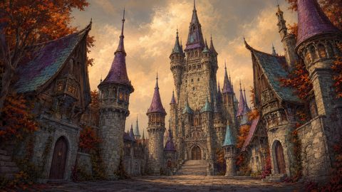 GRID THUMBNAIL — Grand stone castle with many spires and coloured slate roofs rises beyond a cobbled street, framed by autumn trees under warm golden-hour clouds.