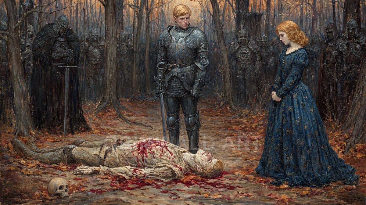 Autumn forest scene with armoured knight and woman standing over a bloodied body, encircled by silent soldiers among bare trees and fallen leaves.