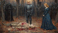GRID THUMBNAIL — Autumn forest scene with armoured knight and woman standing over a bloodied body, encircled by silent soldiers among bare trees and fallen leaves.