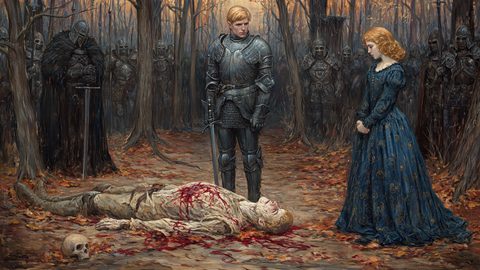 GRID THUMBNAIL — Autumn forest scene with armoured knight and woman standing over a bloodied body, encircled by silent soldiers among bare trees and fallen leaves.