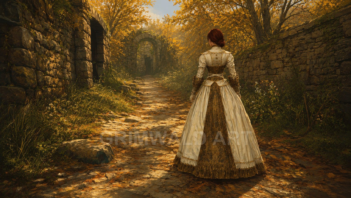 Autumn path between ancient stone walls leading to a ruined archway, golden leaves and warm light, with a solitary figure in an ornate gown.