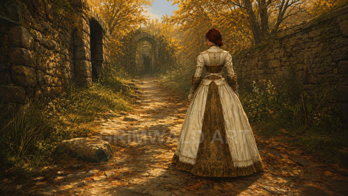 Autumn path between ancient stone walls leading to a ruined archway, golden leaves and warm light, with a solitary figure in an ornate gown.