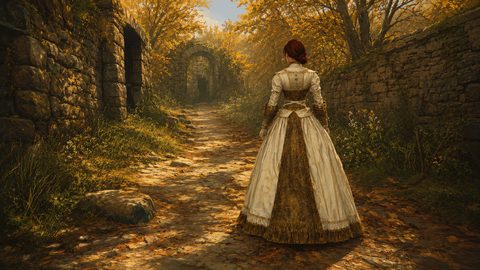 GRID THUMBNAIL — Autumn path between ancient stone walls leading to a ruined archway, golden leaves and warm light, with a solitary figure in an ornate gown.