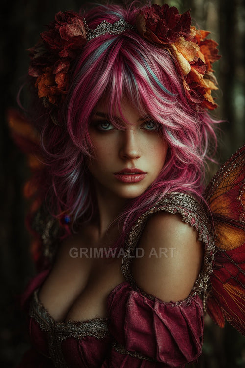 Close-up portrait of a pink-haired faerie with leaf crown, tiara and ornate dress, amber wings glowing in a shadowed forest.